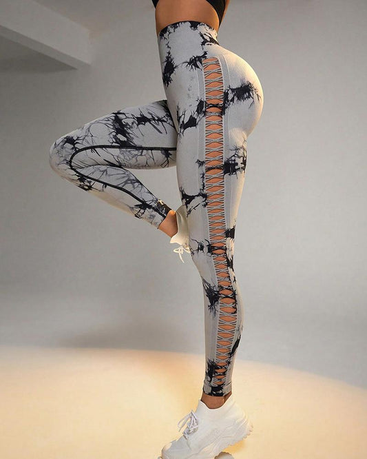 Tie Dye Print Ladder Cutout Sports Yoga Leggings