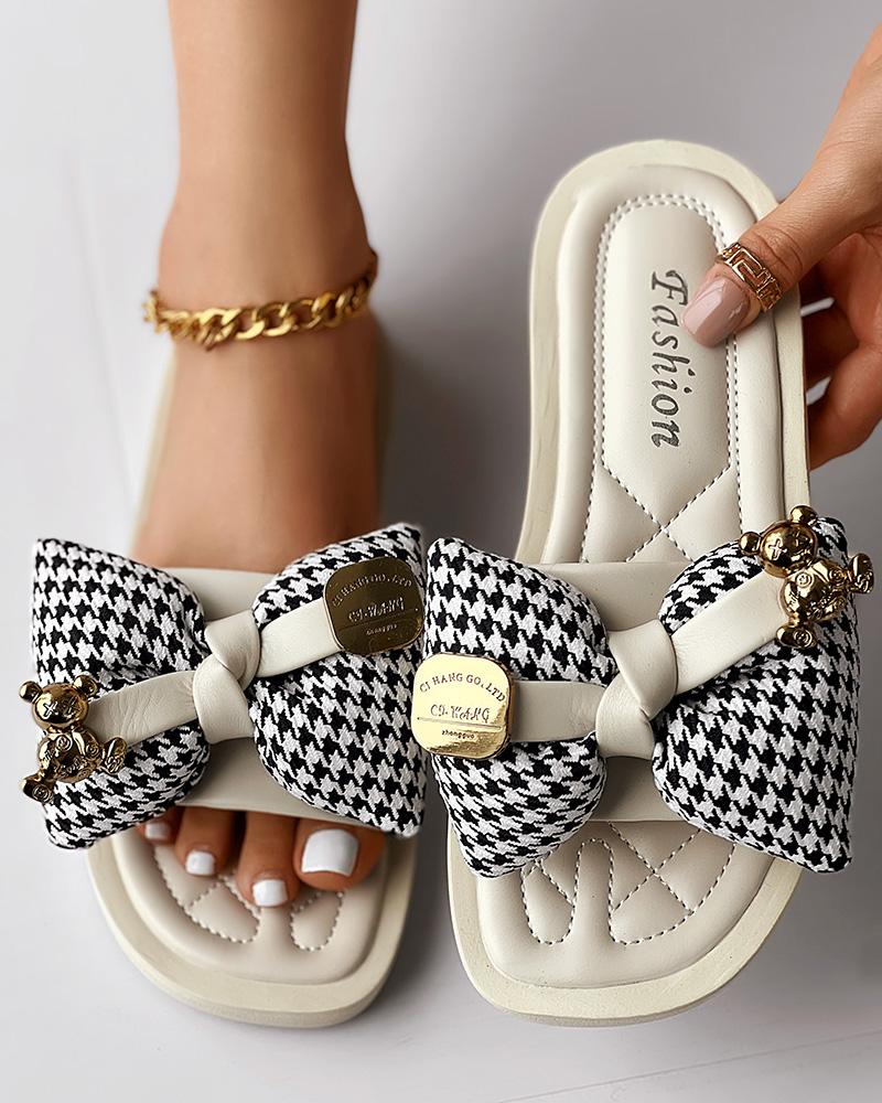 Houndstooth Bowknot Design Summer Slippers