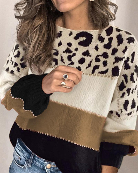 Cheetah Print Colorblock Long Sleeve Casual Sweater