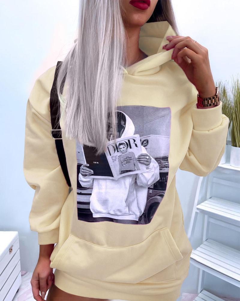 Graphic Print Drop Shoulder Hooded Sweatshirt Dress