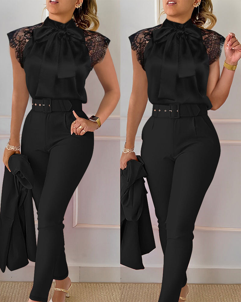 Contrast Lace Tie Neck Top & High Waist Pants Set