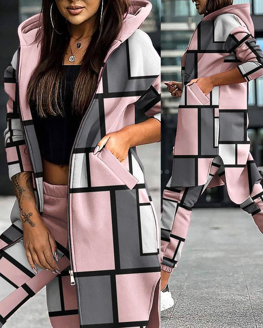 Geometric Print Hooded Sweatshirt & Cuffed Sweatpants Set