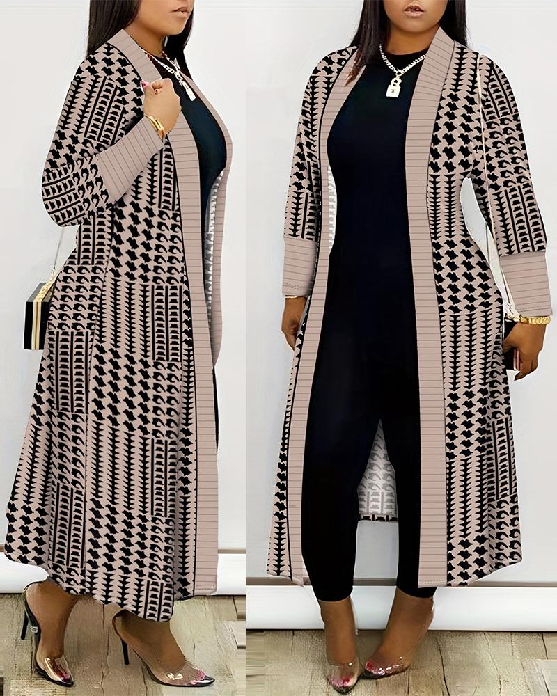 Plus Size Geometric Houndstooth Print Longline Coat