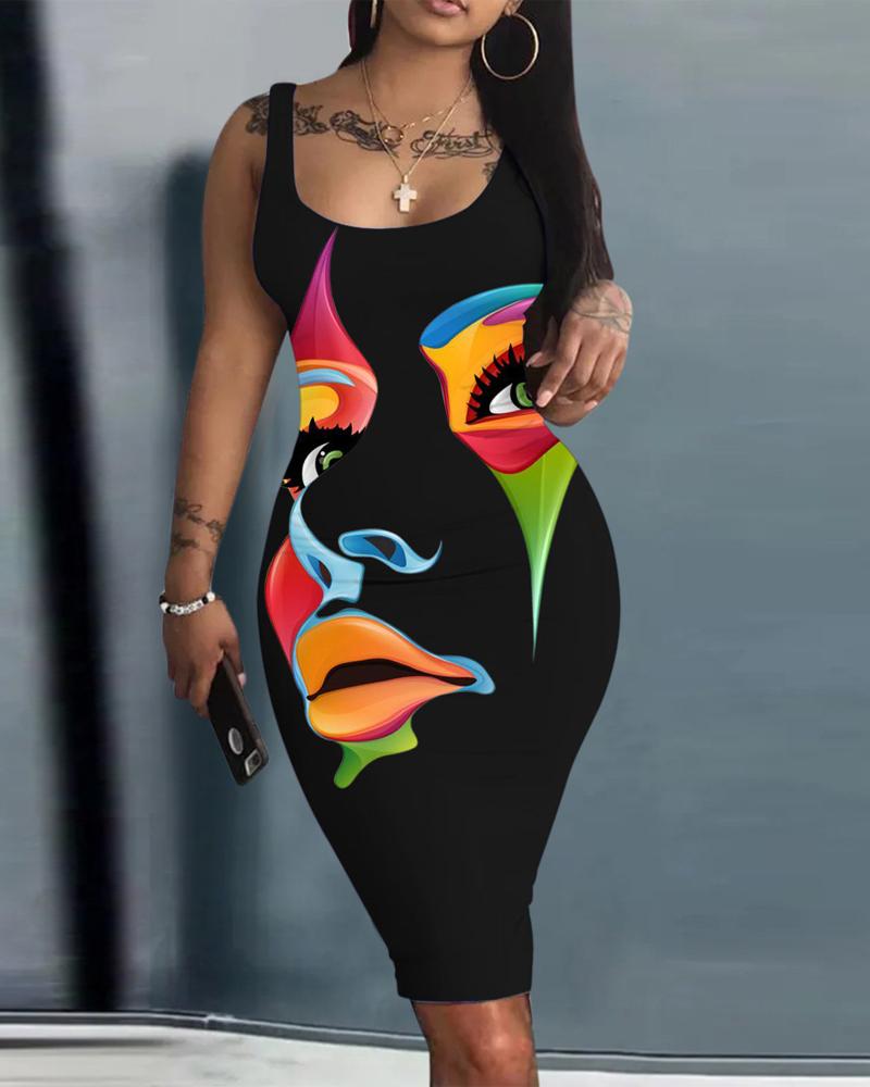 Abstract Figure Print Sleeveless U Neck Bodycon Dress