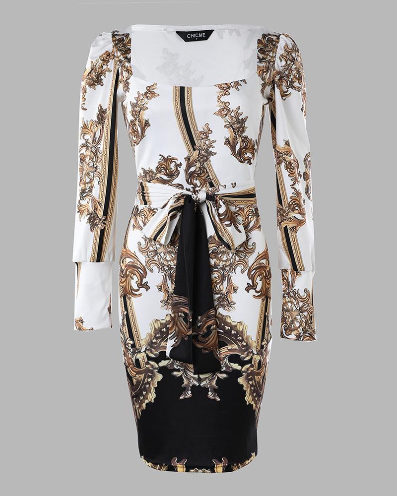 Baroque Print Gigot Sleeve Bodycon Dress