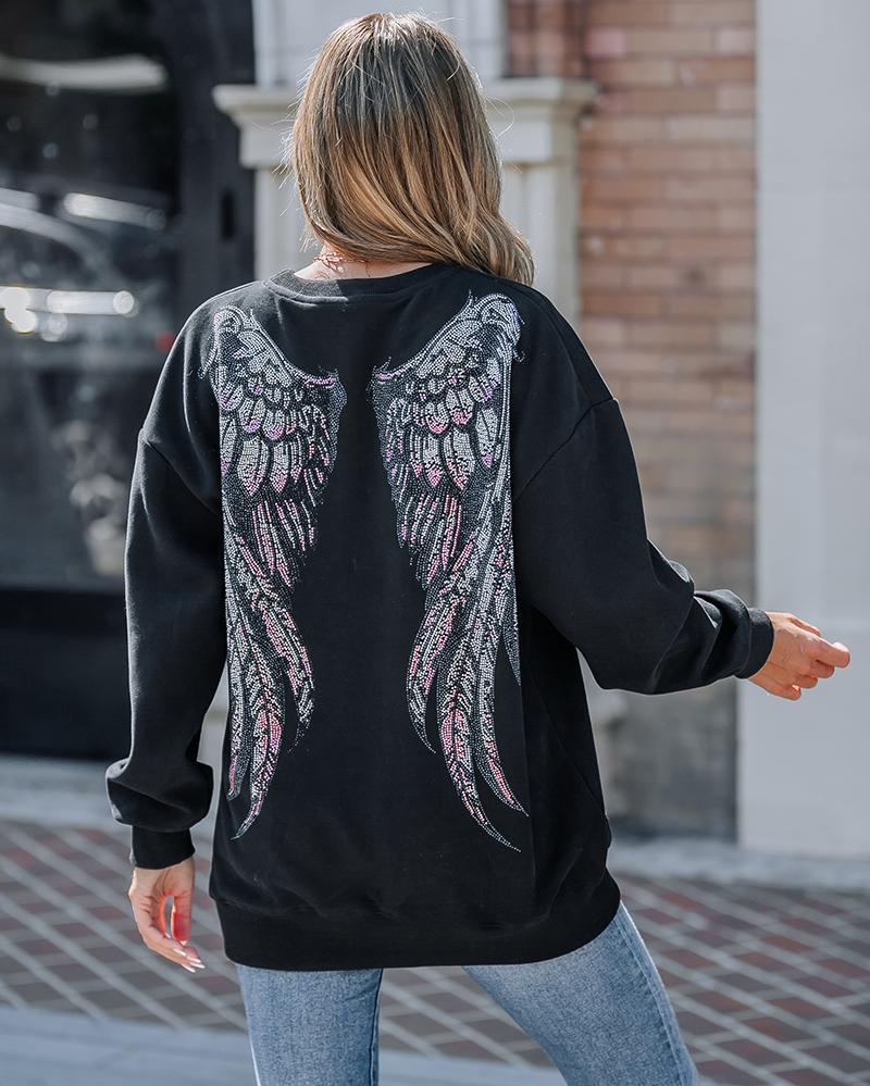 Rhinestone Letter Wings Pattern Crewneck Drop Shoulder Sweatshirt