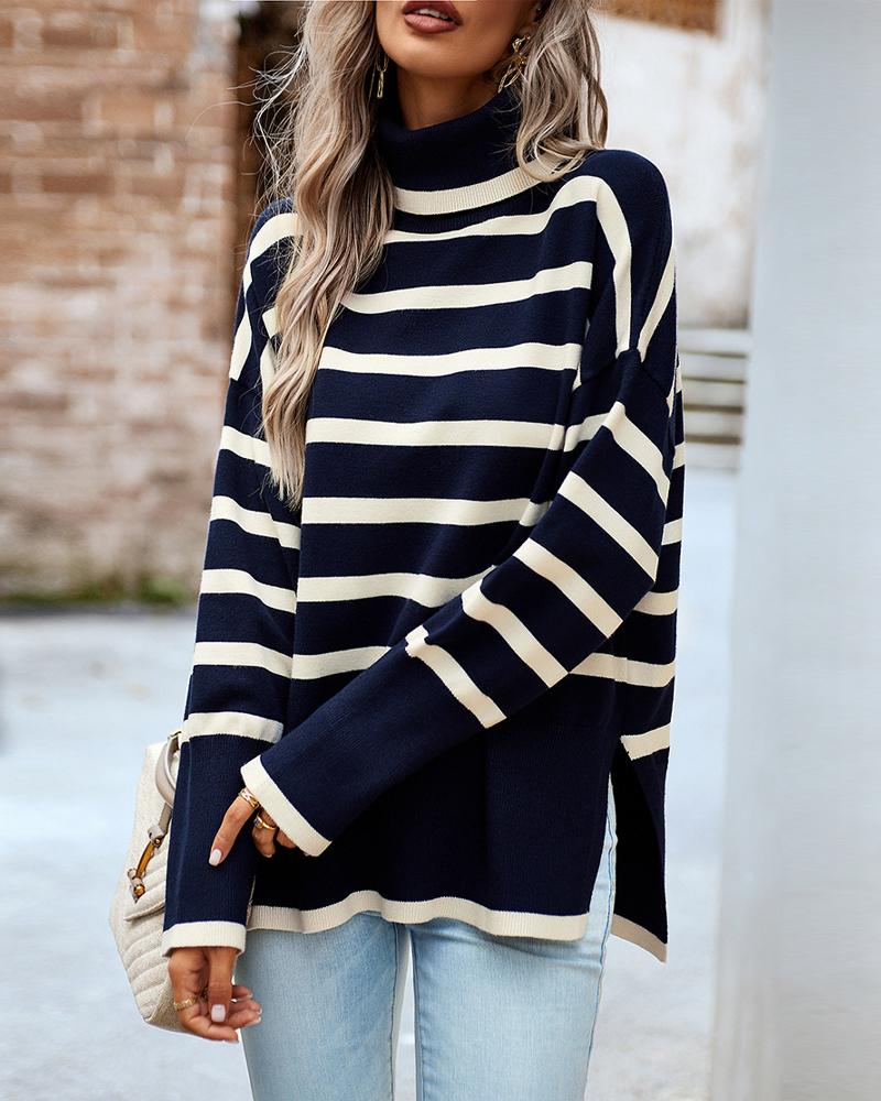 Striped High Neck Side Slit Knit Sweater