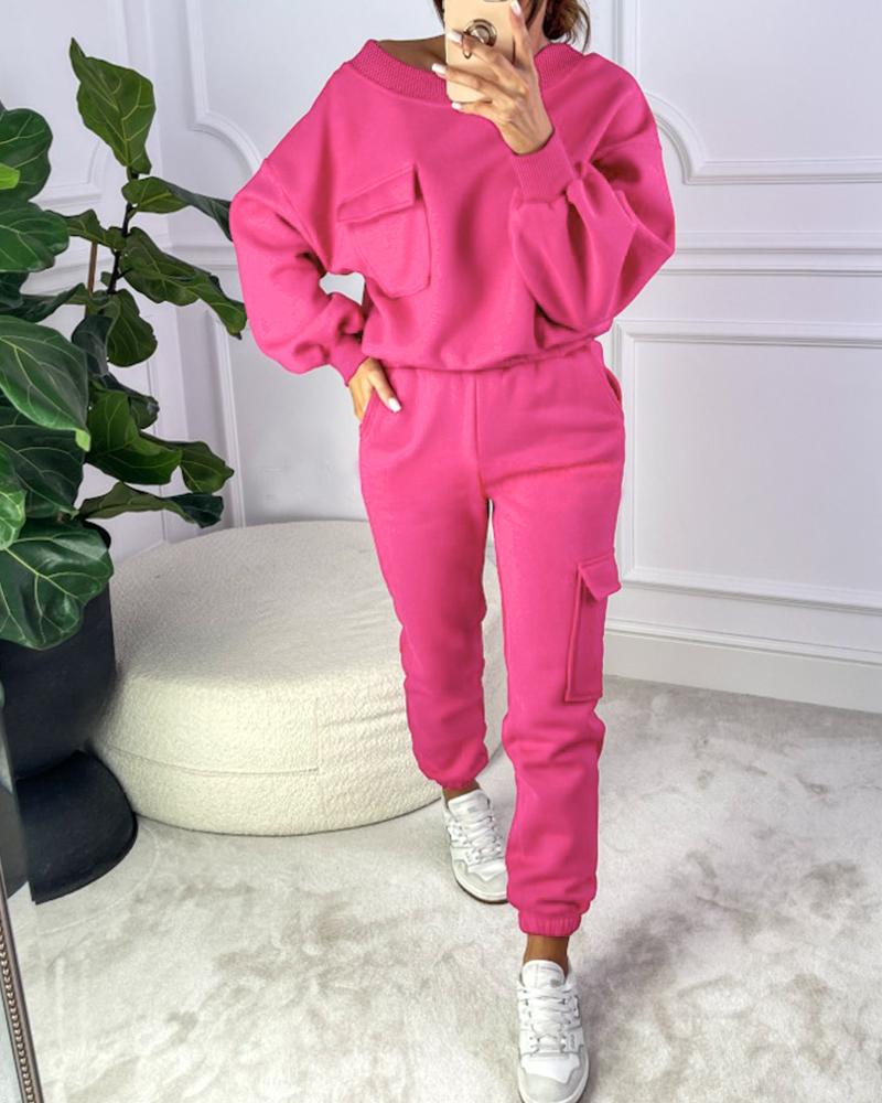 Round Neck Pocket Design Sweatshirt & Cuffed Sweatpants Set