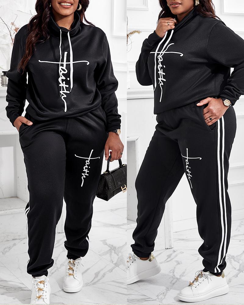 Plus Size Letter Print Long Sleeve Hoodie & Pants Set