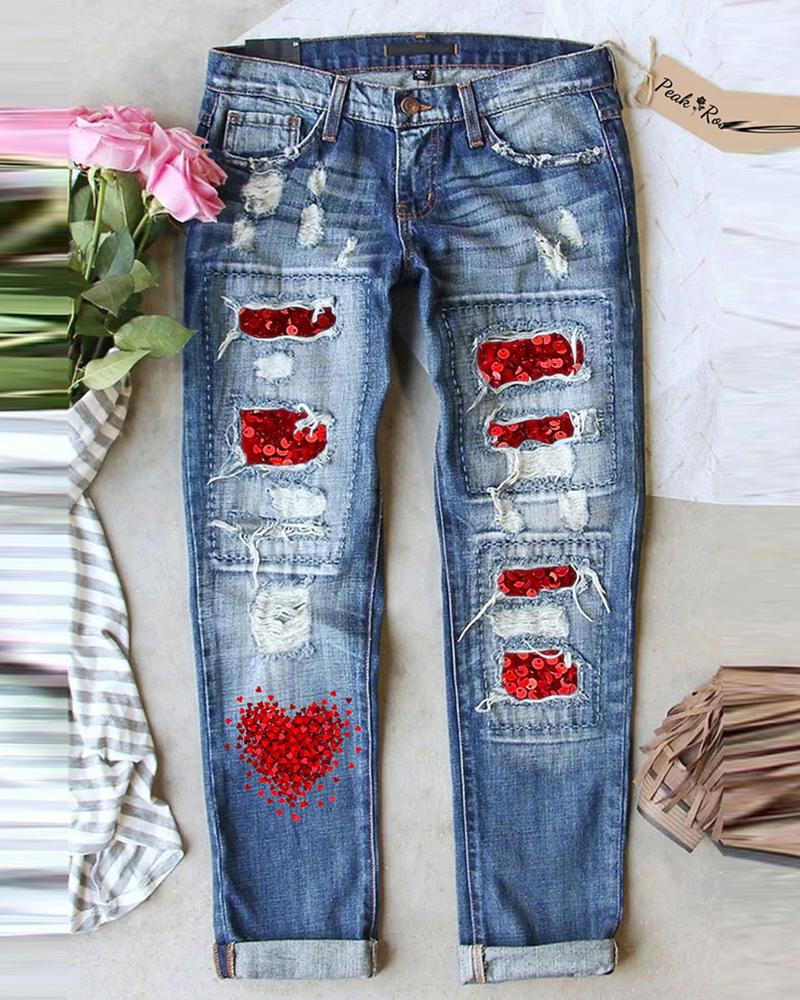 Heart Print Patchwork High Waist Jeans