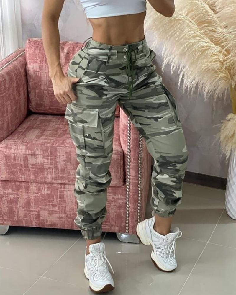 Camouflage Print Drawstring Pocket Design Cargo Pants