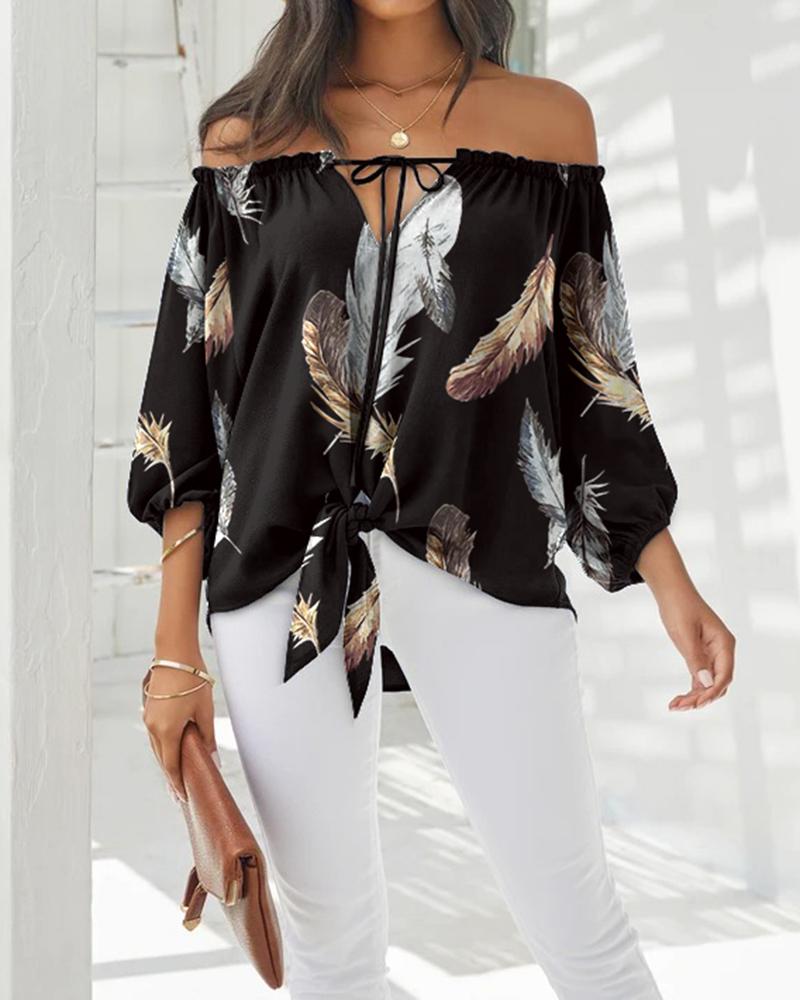 Feather Print Tied Detail Off Shoulder Top