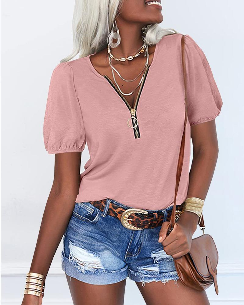 Zipper Front Puff Sleeve Casual T shirt