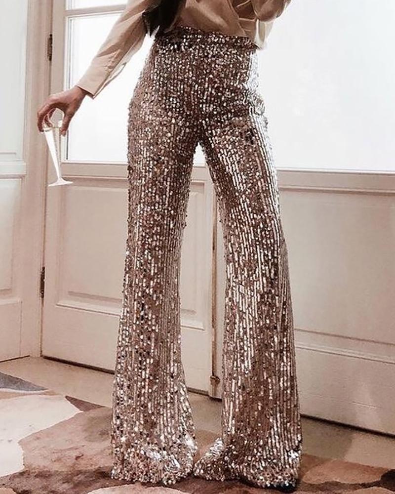 High Waist Sequins Bell Bottomed Pants