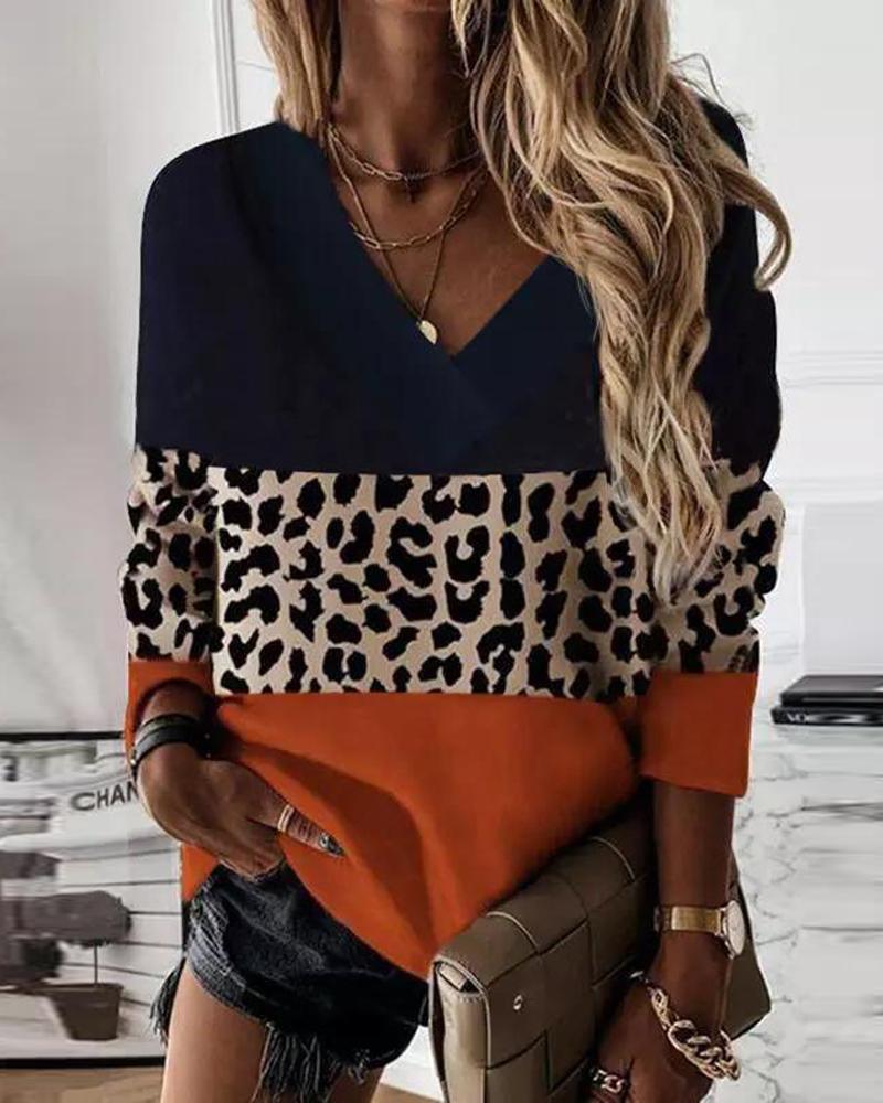 Contrast Leopard Colorblock Long Sleeve Top