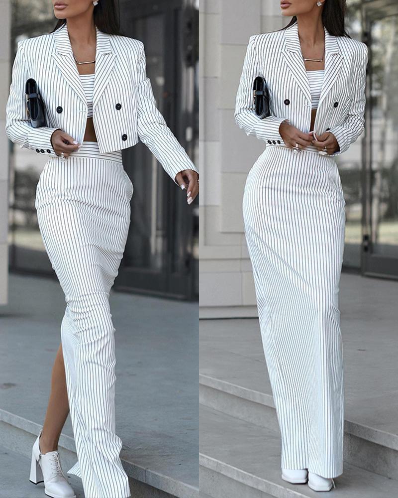 Striped Blazer Coat & Slit Skirt Set