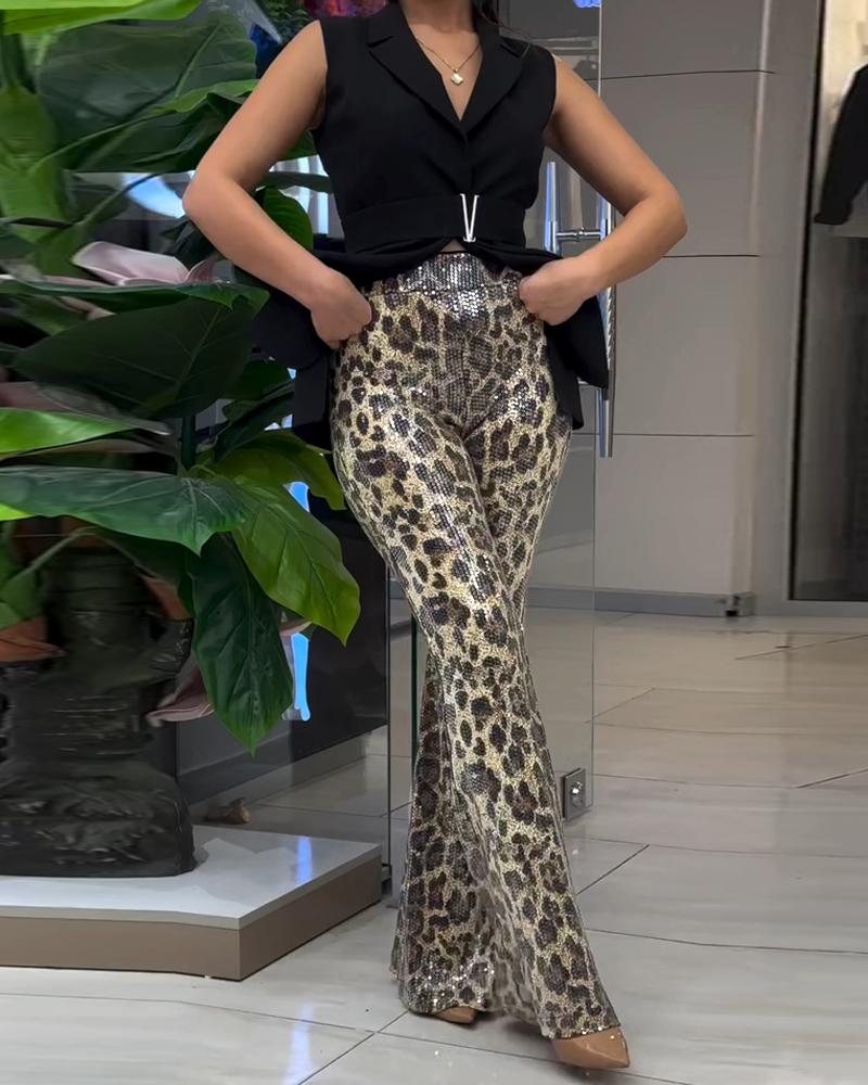 Leopard Pattern Allover Sequin Slim Fit Wide Leg High Waist Causal Pants