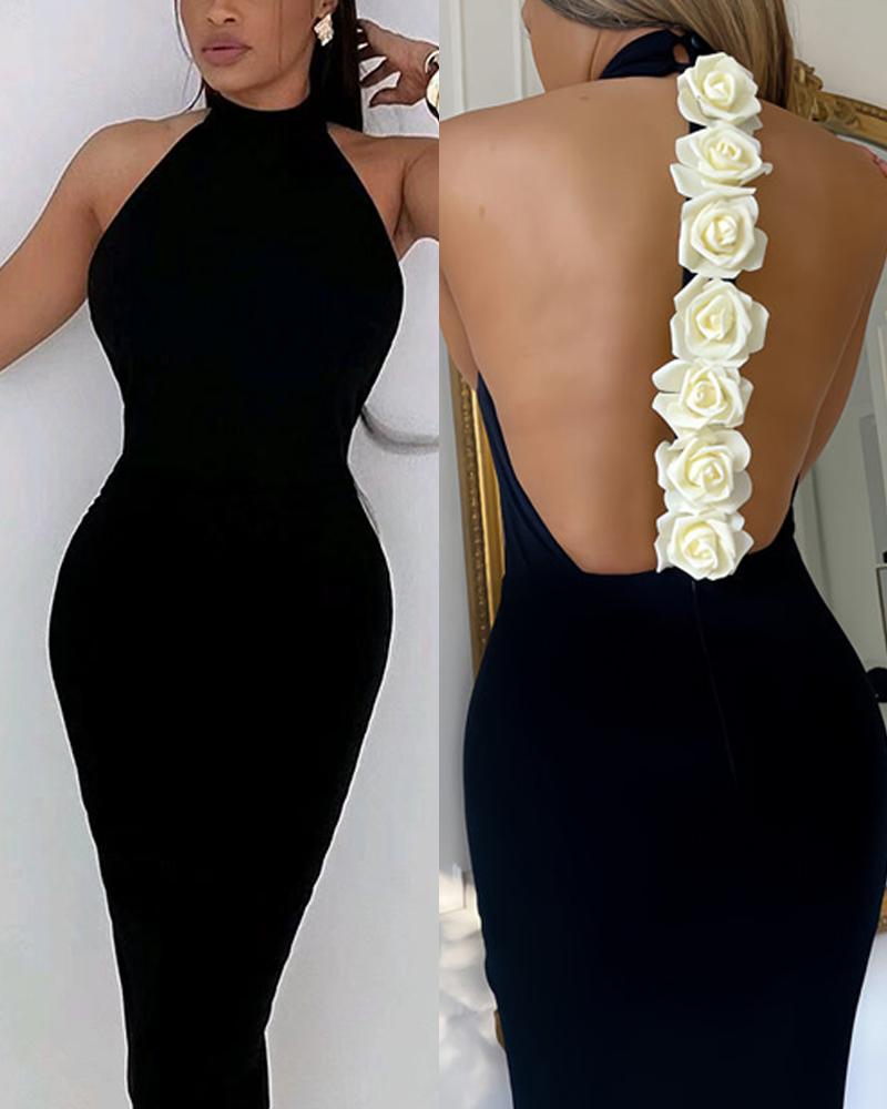 Rose Detail Mock Neck Sleeveless Backless Bodycon Party Dress