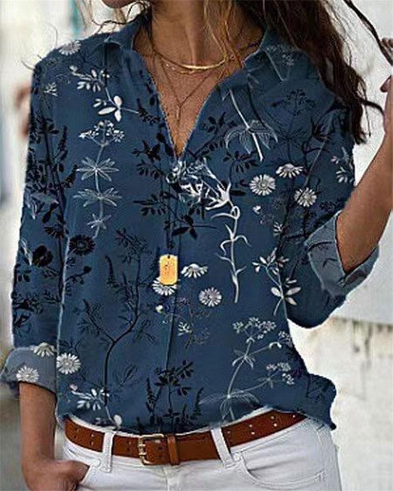 Plants Print Long Sleeve Button Down Shirt