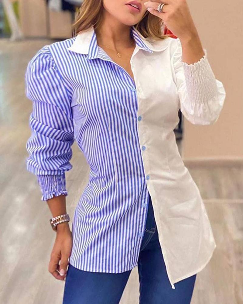 Striped Shirred Buttoned Casual Top