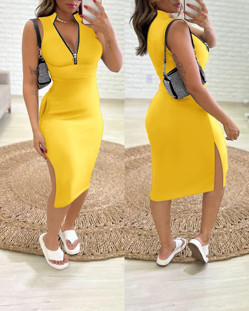 Zipper Pocket Design Slit Bodycon Dress