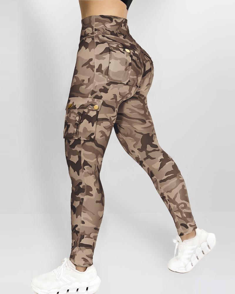 Camouflage Print High Waist Skinny Button Leggings with Pocket Casual Pants