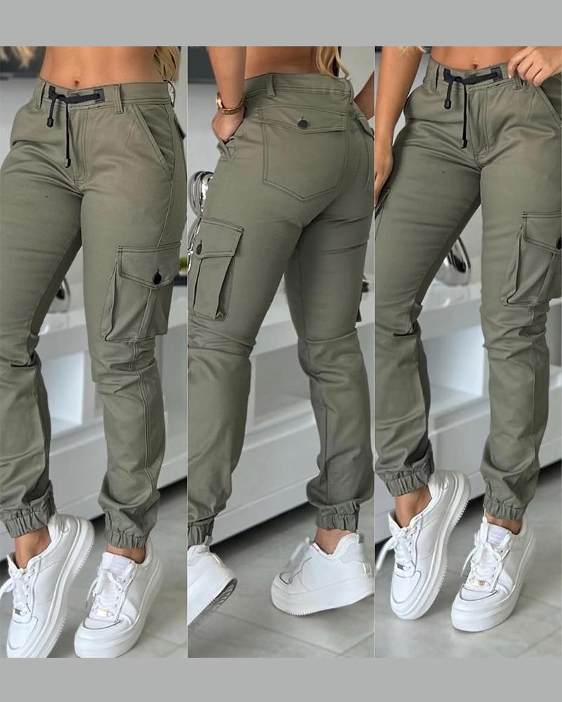 Multiple Pockets Design Cuffed Cargo Pants Slim Fit Trousers