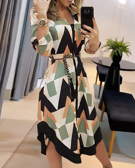 Geo Print Long Sleeve Asymmetrical Shirt Dress