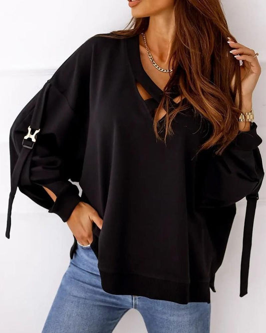 Criss Cross Buckle Detail Drop Shoulder Sweatshirt