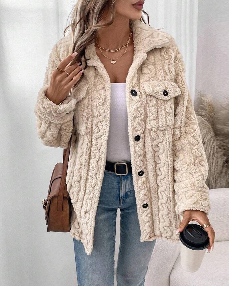 Cable Textured Button Down Teddy Coat