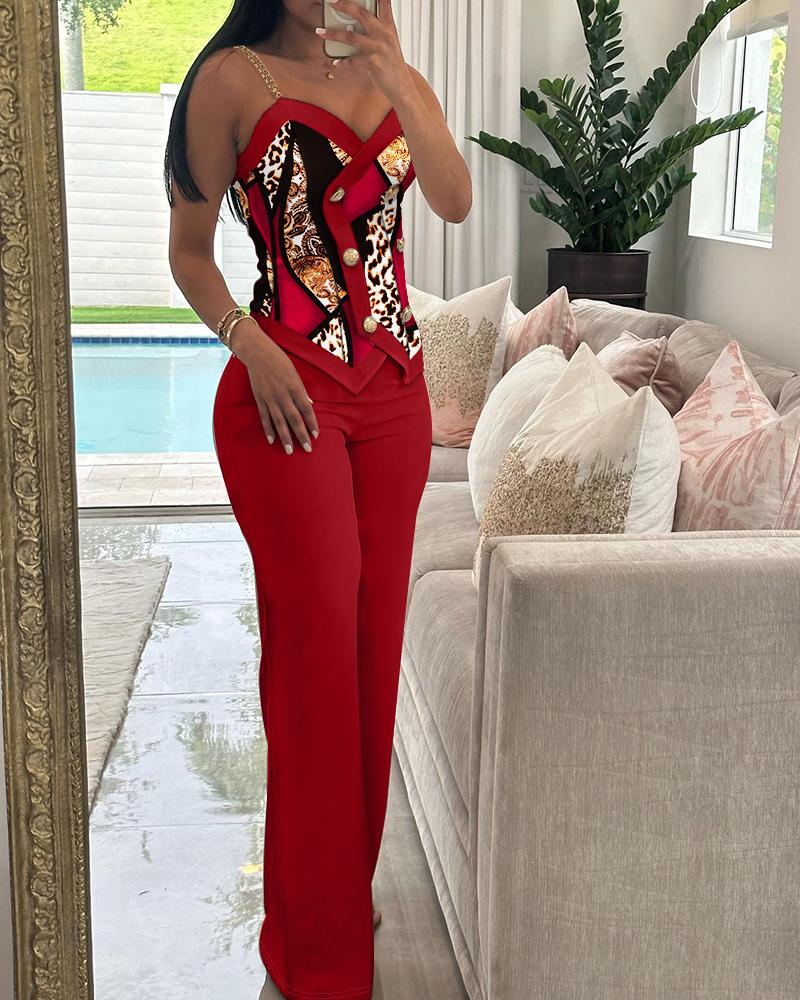 Scarf Leopard Print Double Breasted Cami Top & Straight Leg Pants Set