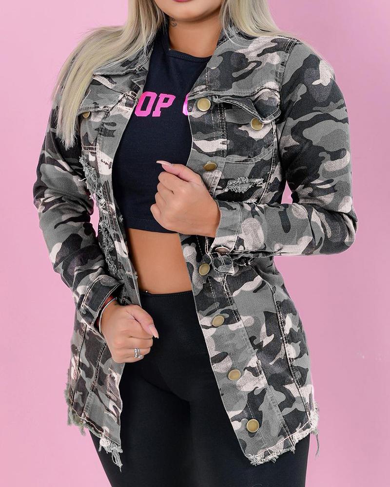 Camo Tiger Print Ripped Raw Hem Jacket