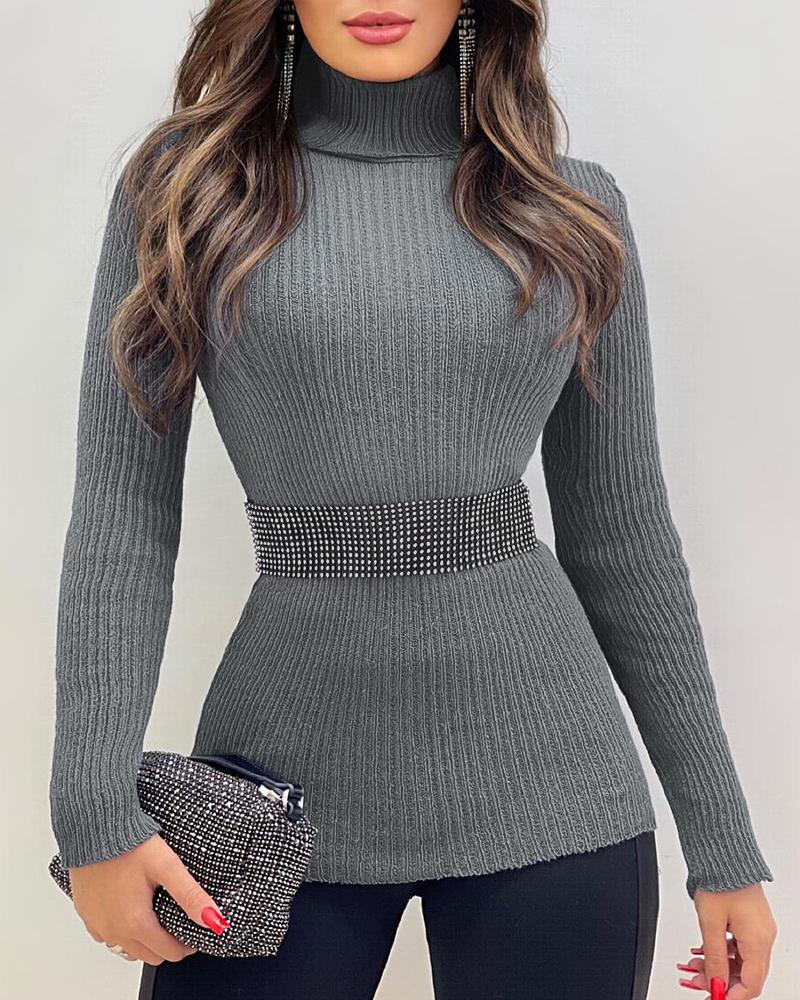 Turtleneck Rhinestone Decor Knit Sweater