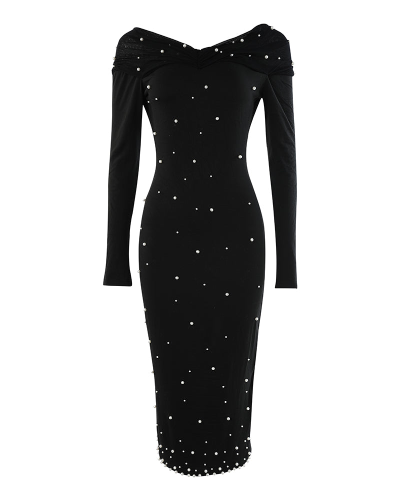 Off Shoulder Long Sleeve Beaded Midi Dress