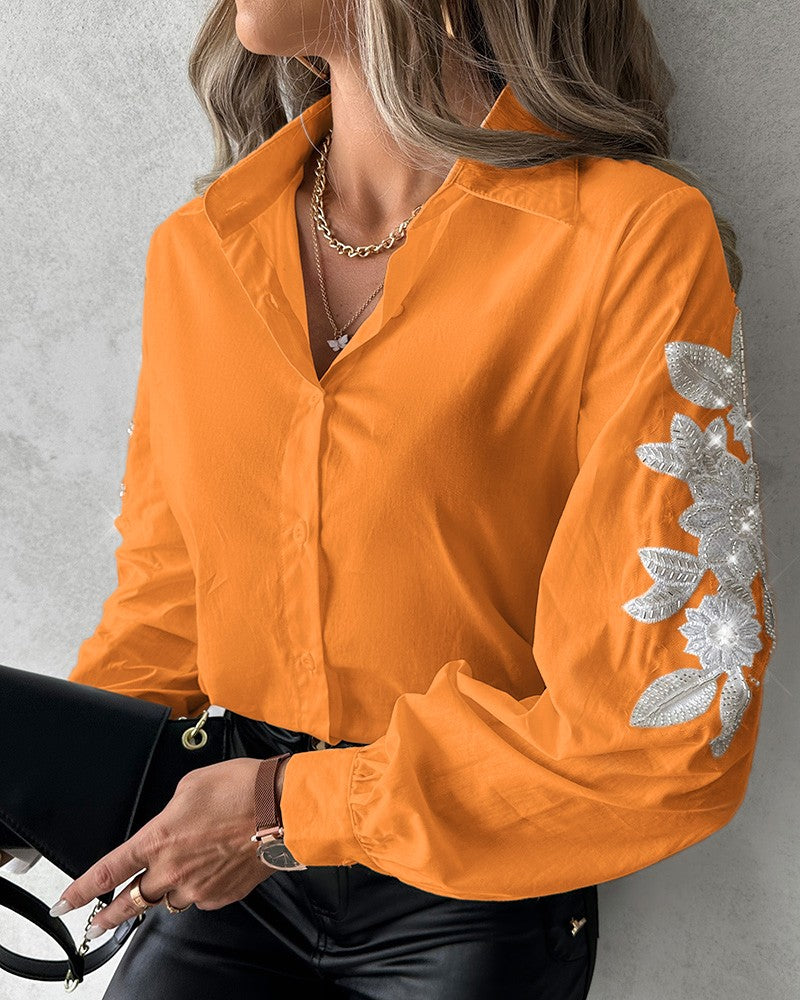 Floral Sequin Embroidery Buttoned Top