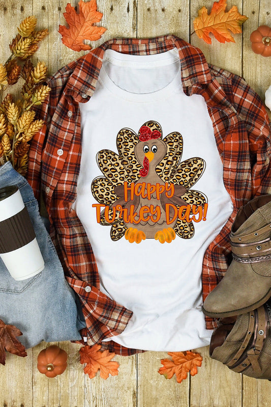 White Happy Turkey Day Leopard Print Crew Neck Loose T Shirt