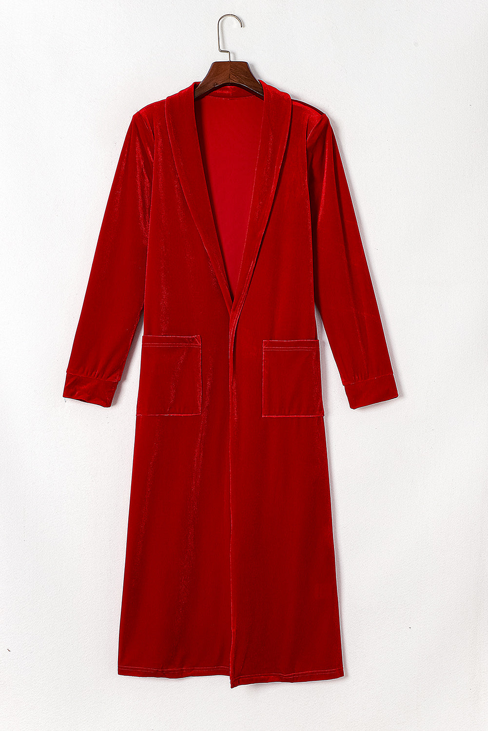 Fiery Red Velvet Open Front Pocketed Long Duster