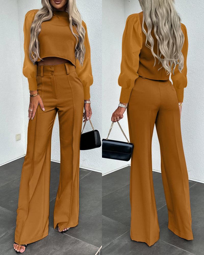 Puff Sleeve Crop Top & Buttoned Work Pants Set