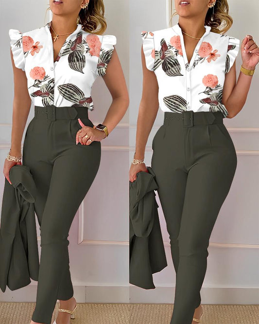 Tropical Print Flutter Sleeve Top & Pants Set With Belt