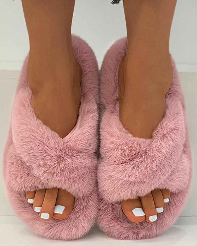 Bandage Peep Toe Fluffy Slippers