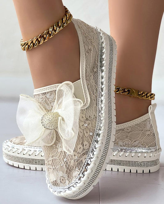 Contrast Sequin Breathable Bowknot Decor Loafers