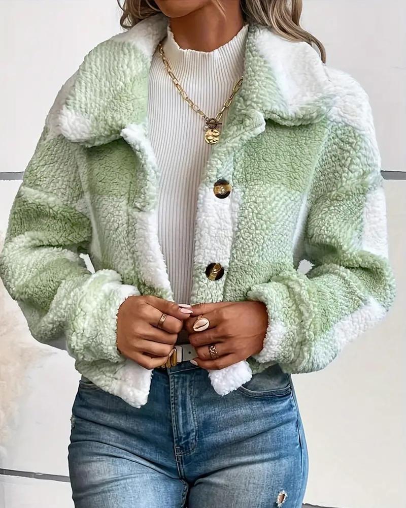 Plaid Pattern Turn down Collar Button Front Teddy Coat