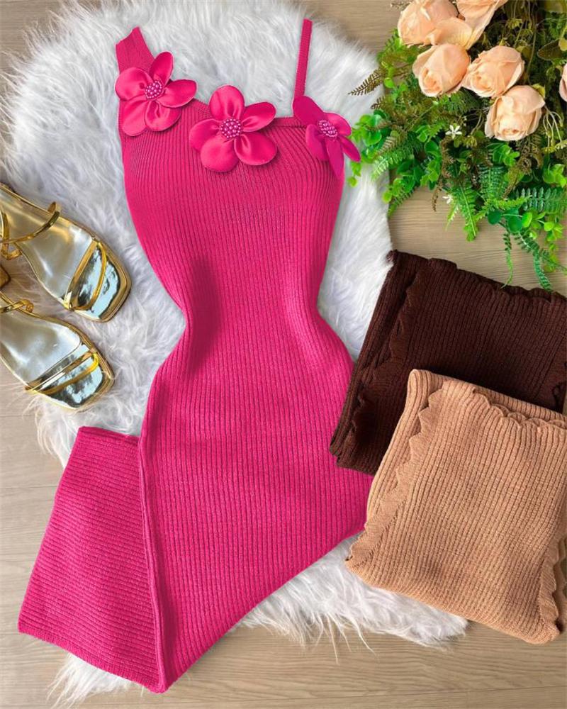 Floral Pattern Beaded Knit Bodycon Dress