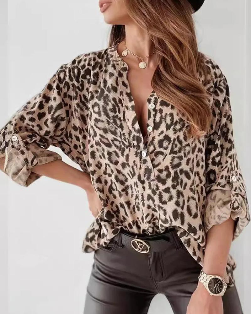 Leopard Print Stand Collar Roll Tab Sleeve Blouses Oversized Casual Shirt