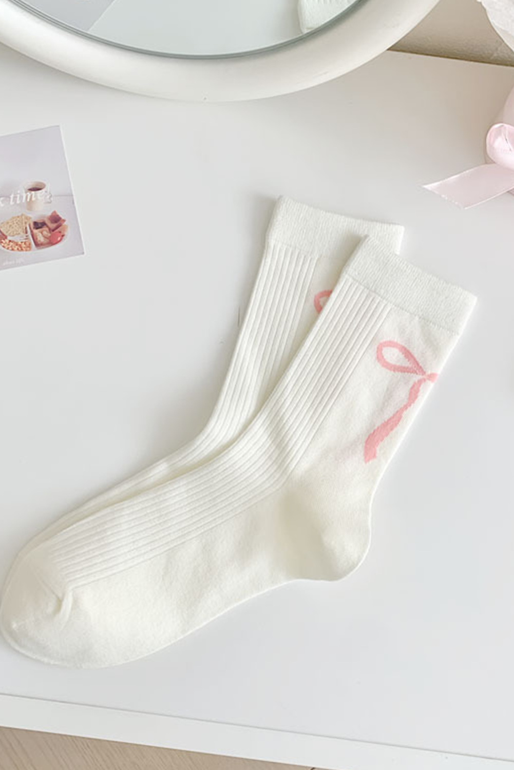 Light Pink Girlish Ribbon Bow Printed Socks