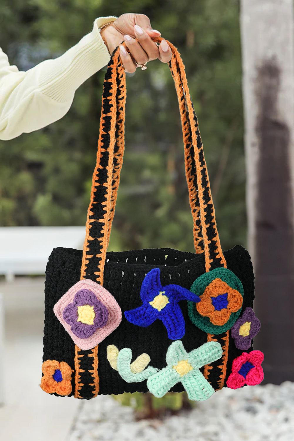 Black Flower Crochet Granny Knitted Tote Bag