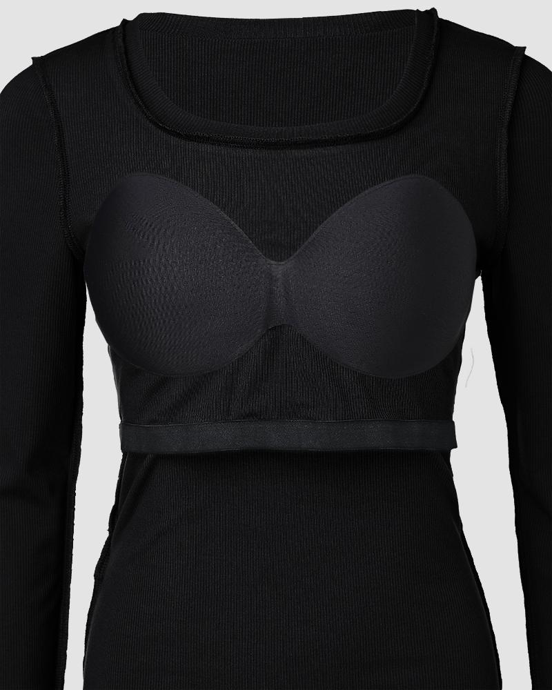 2 Piece U Neck Long Sleeve Athletic Tank Tops with Built In Bras Ribbed Design Casual Pack Top