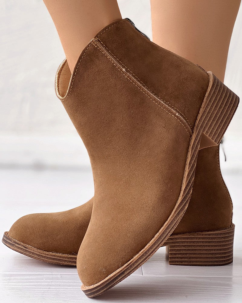 Zipper Design Chunky Heel Ankel Boots