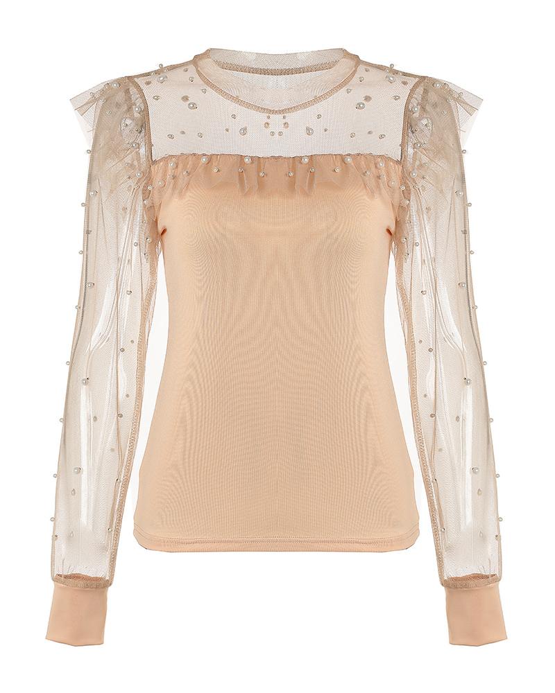 Beaded Sheer Mesh Ruffles Top