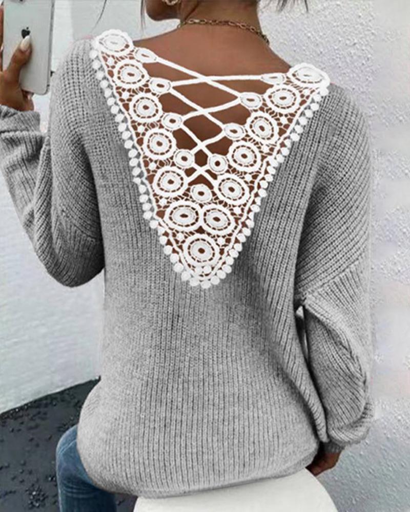 V Neck Contrast Lace Criss Cross Knit Sweater